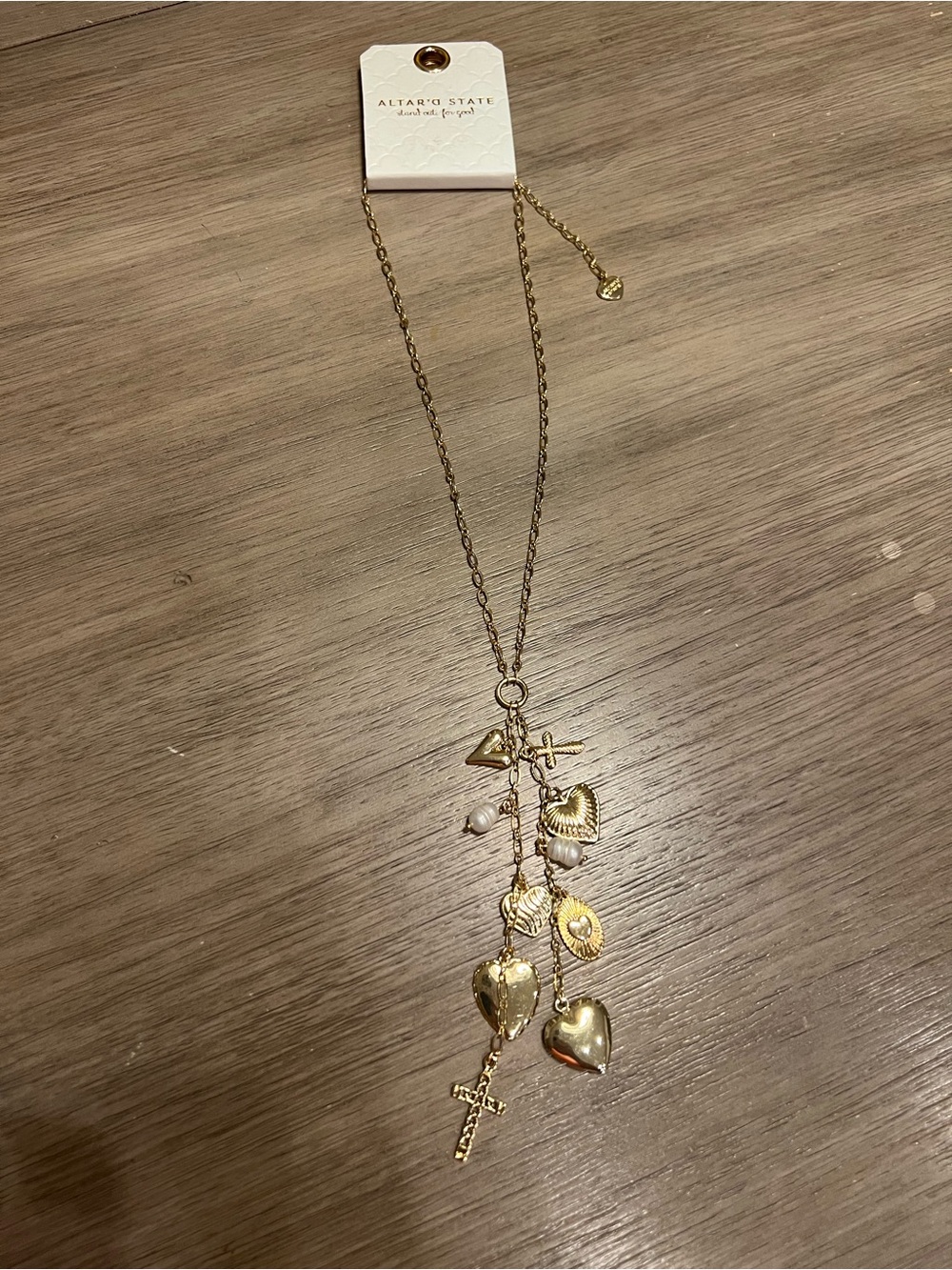 NWT Altar'd State Gold Layered Charm Necklace with Hearts & Cross